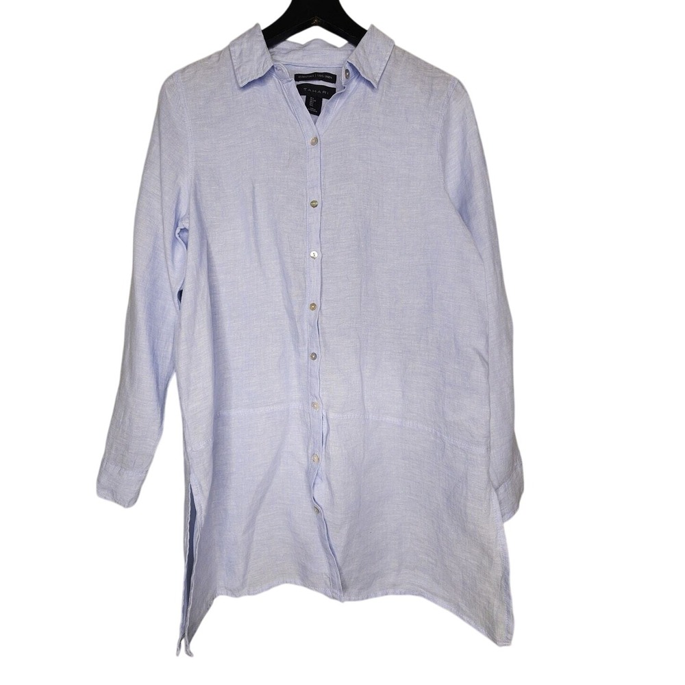 Tahari Linen Button‎ Up Tunic Top Shirt Blue Roll Tab Long Sleeve Coastal Prep L